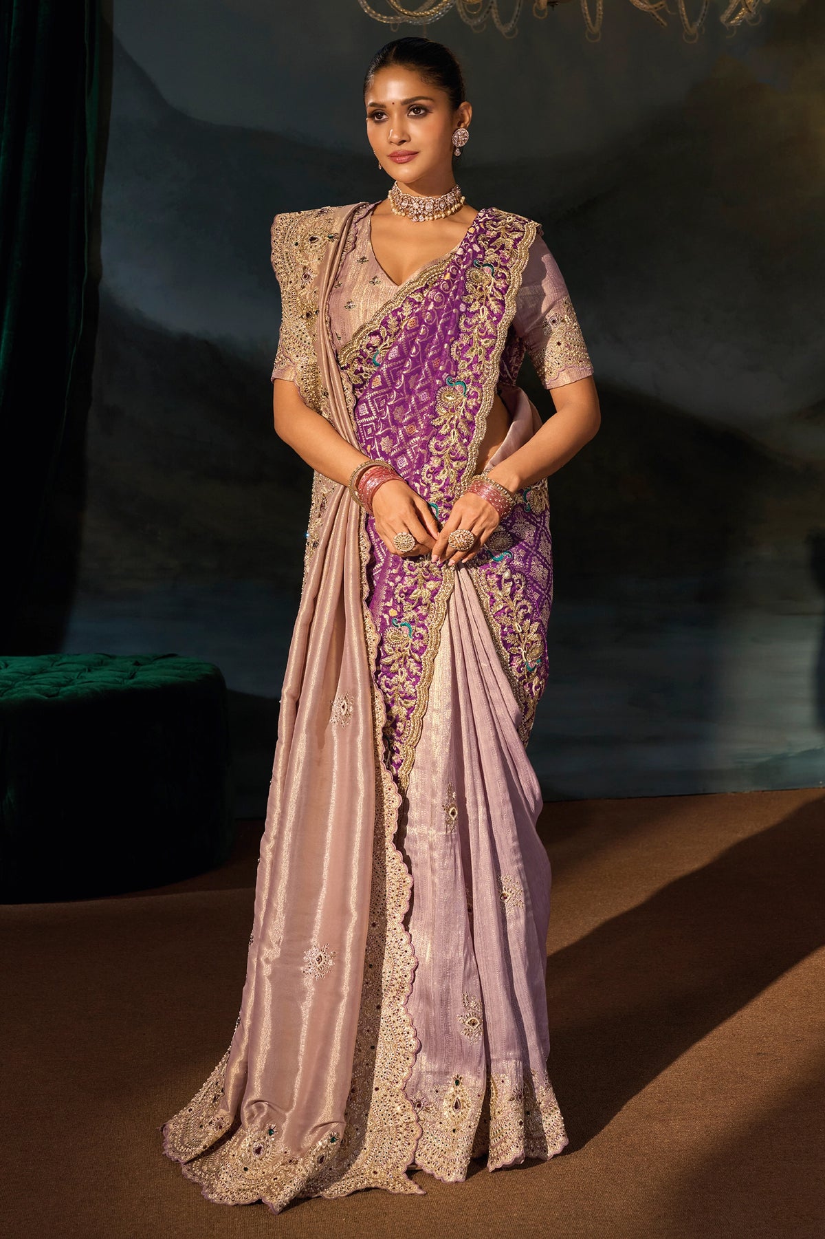 Purple Embroiderd Tanchoi Silk Saree With Dupatta