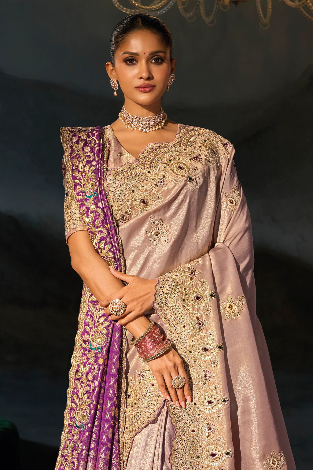Purple Embroiderd Tanchoi Silk Saree With Dupatta