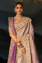 Purple Embroiderd Tanchoi Silk Saree With Dupatta