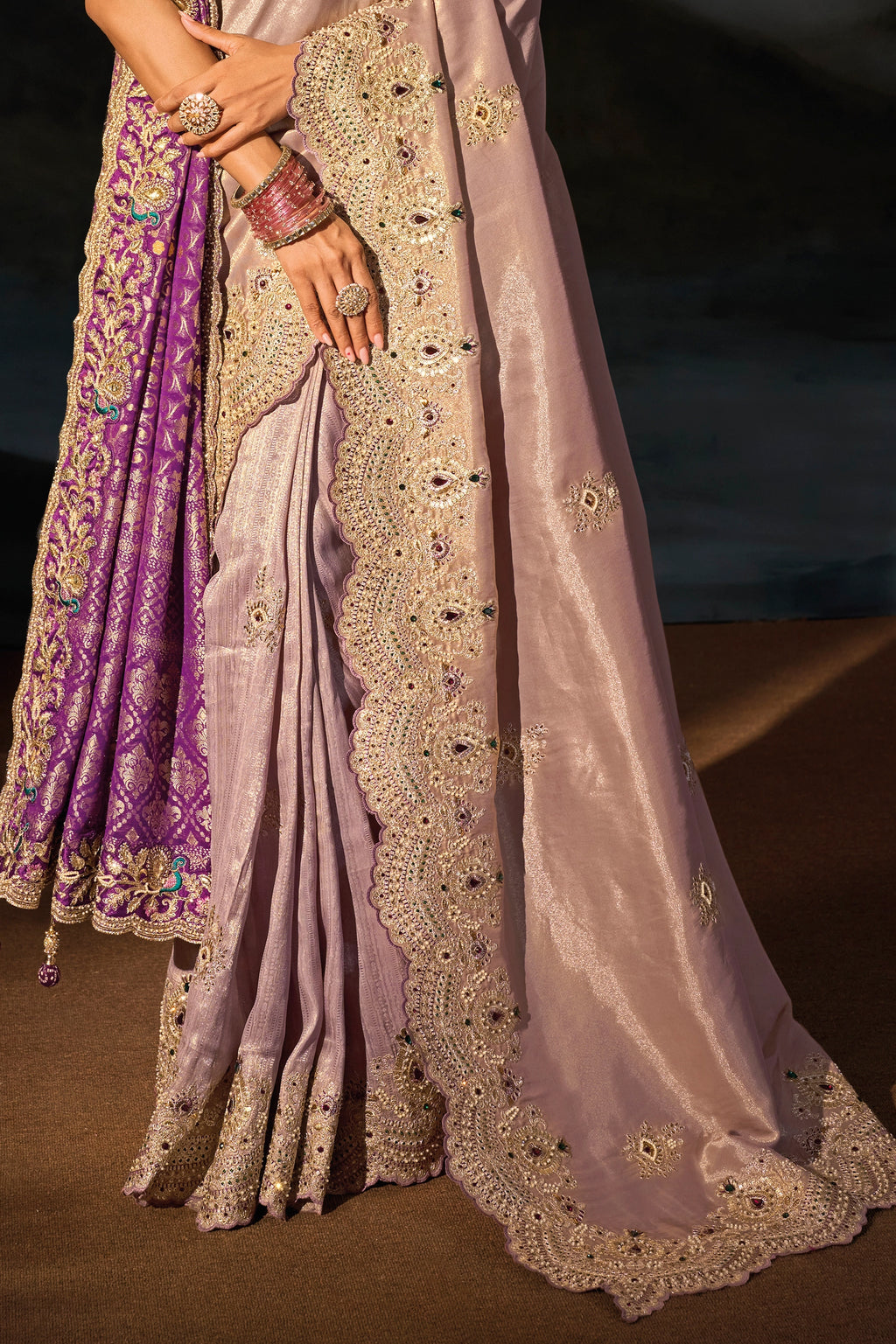 Purple Embroiderd Tanchoi Silk Saree With Dupatta