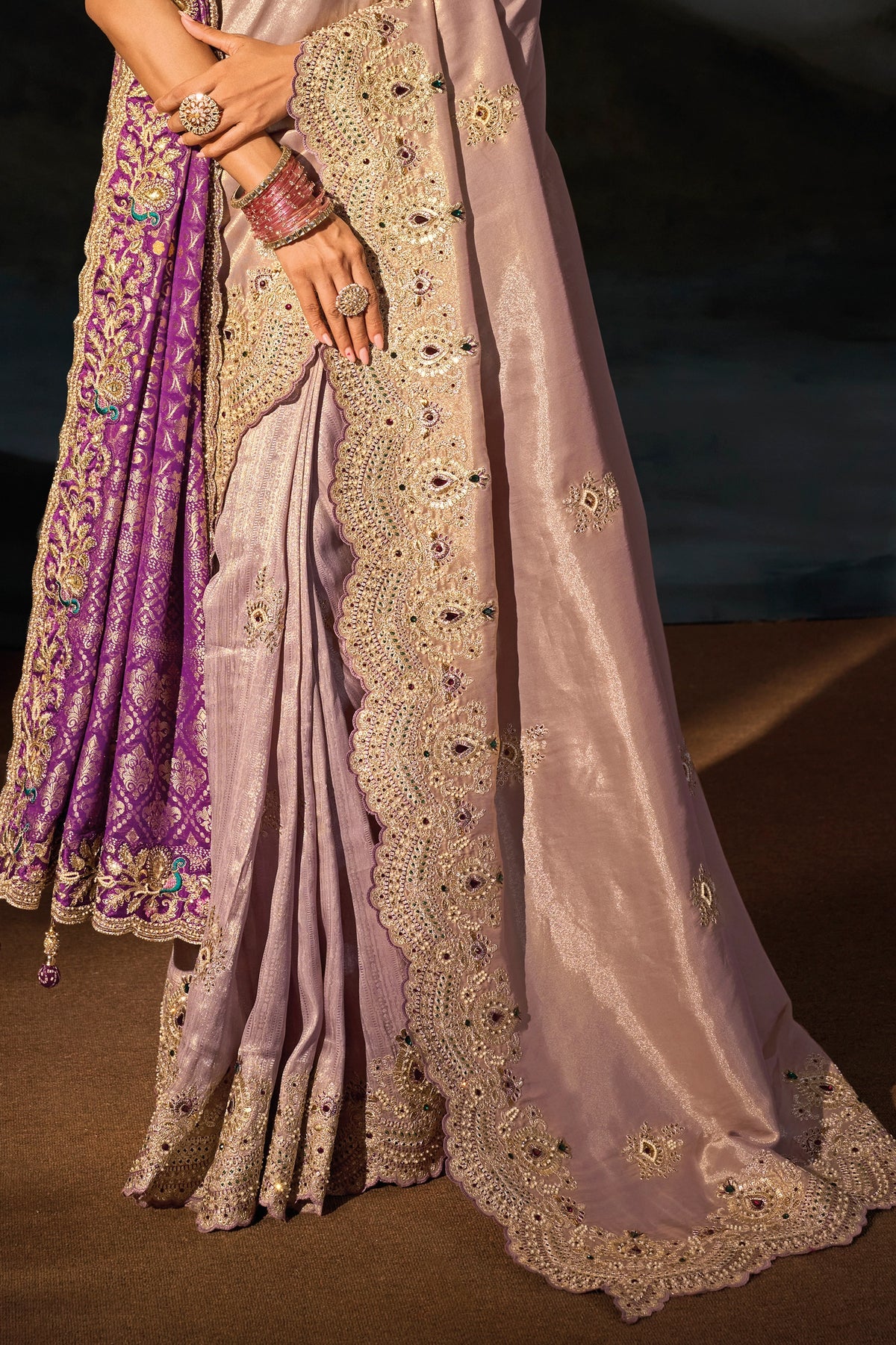 Purple Embroiderd Tanchoi Silk Saree With Dupatta
