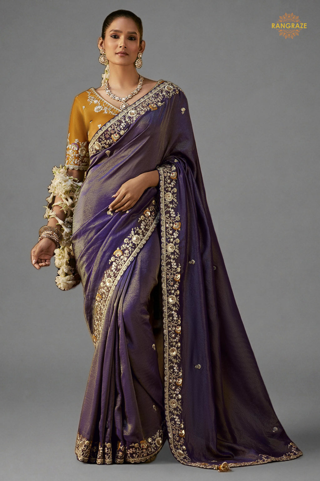 Purple Embroidered Viscose Tissue Saree