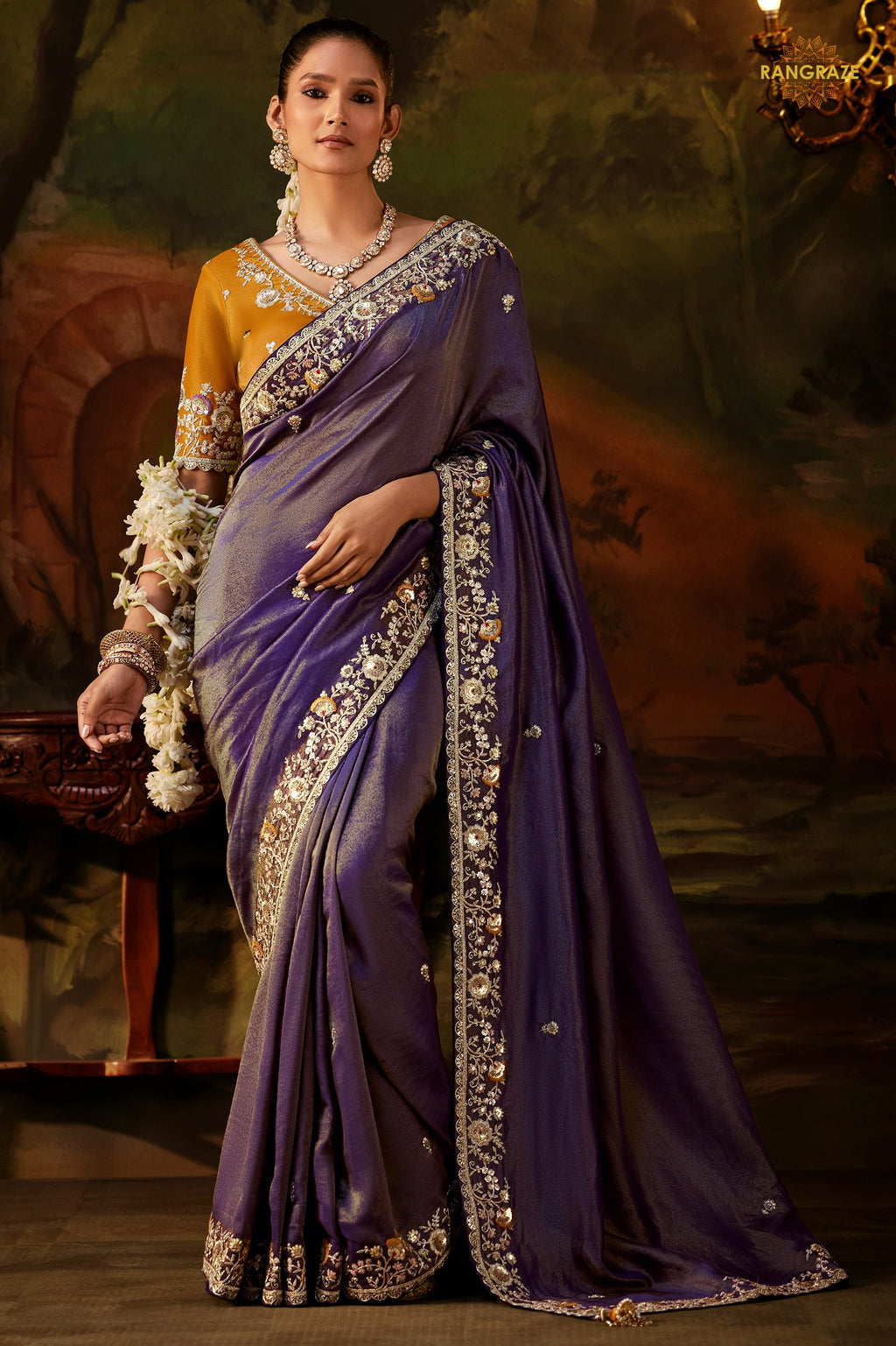 Purple Embroidered Viscose Tissue Saree