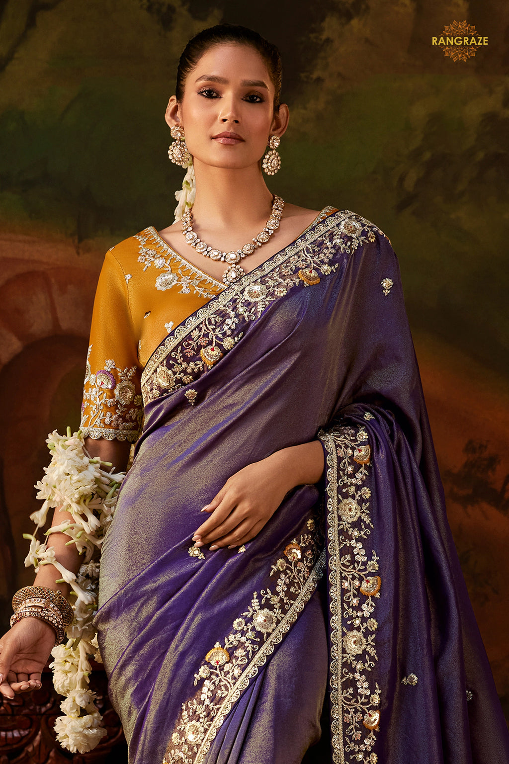 Purple Embroidered Viscose Tissue Saree