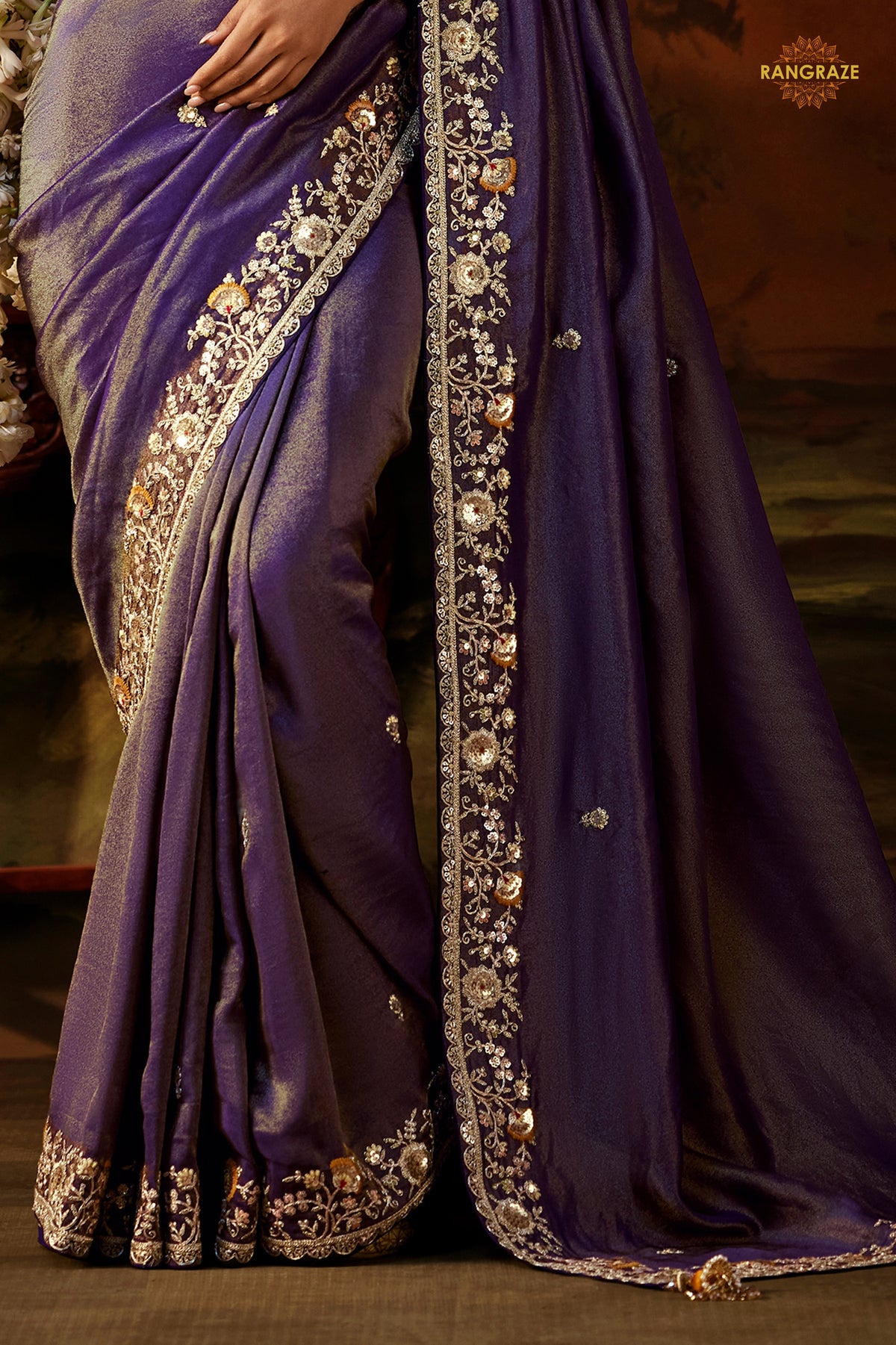 Purple Embroidered Viscose Tissue Saree