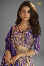 Purple Heavy Work Banarasi Silk Lehenga With Clutch