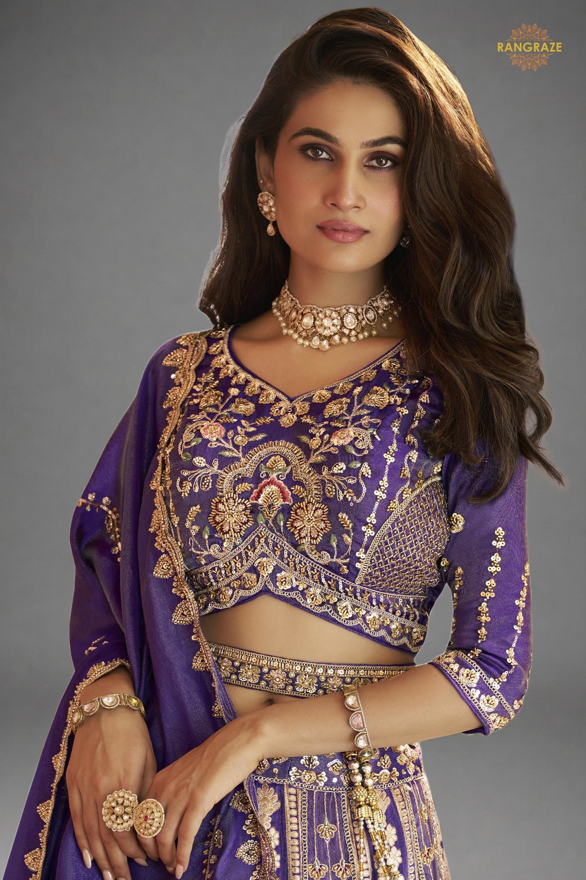 Purple Heavy Work Banarasi Silk Lehenga With Clutch
