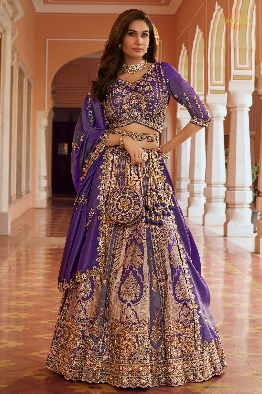 Purple Heavy Work Banarasi Silk Lehenga With Clutch