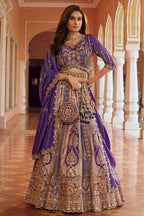Purple Heavy Work Banarasi Silk Lehenga With Clutch