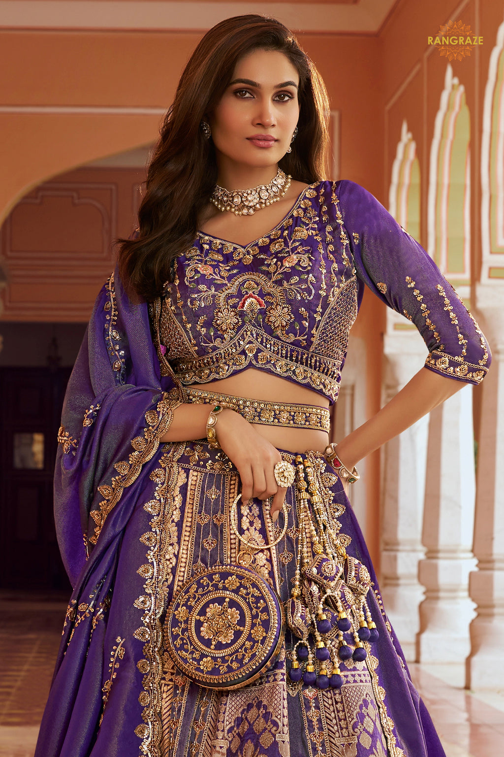 Purple Heavy Work Banarasi Silk Lehenga With Clutch