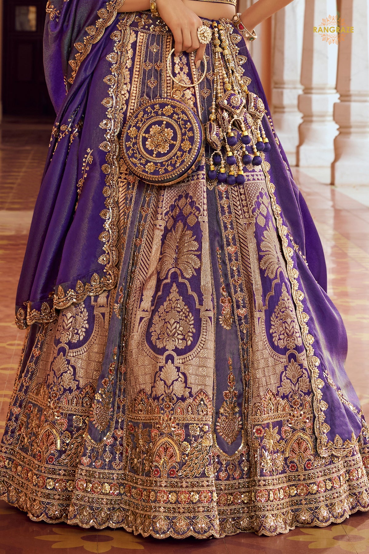 Purple Heavy Work Banarasi Silk Lehenga With Clutch