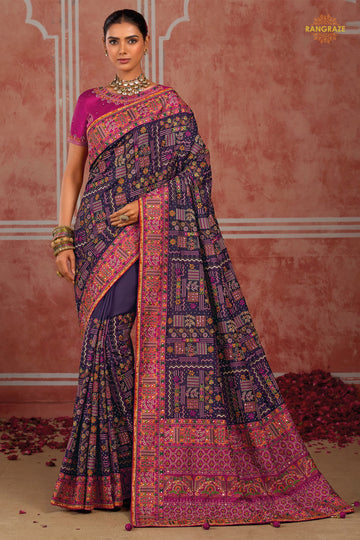 Purple Kachi Work Shana Silk Saree With Mirror Work