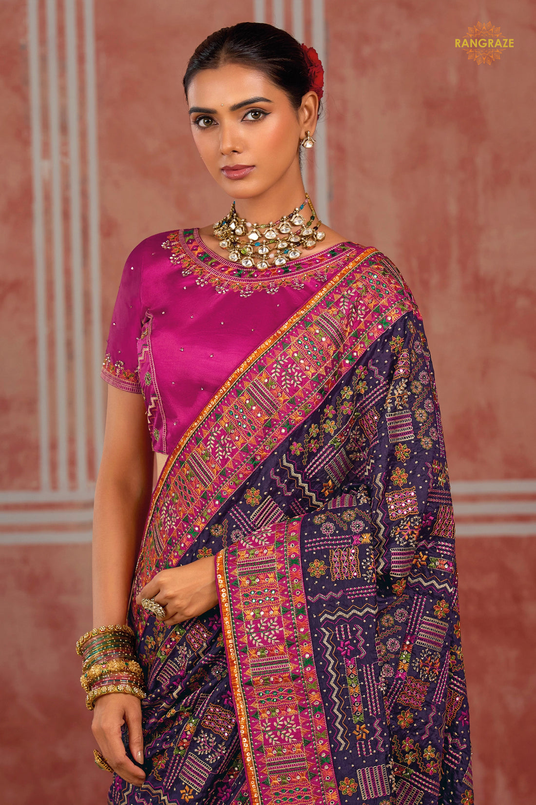 Purple Kachi Work Shana Silk Saree With Mirror Work