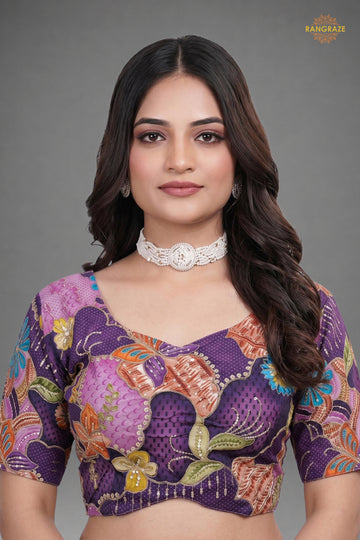 Purple Printed Viscose Blouse with Embroidered Work