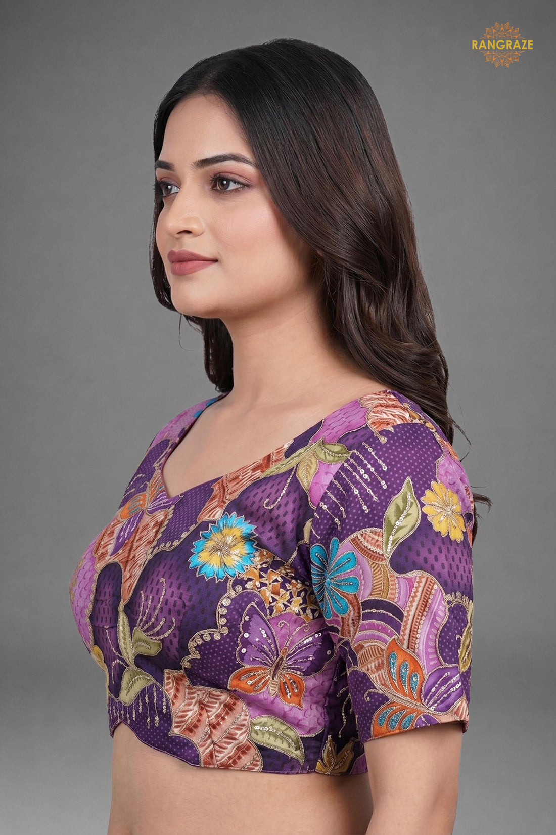 Purple Printed Viscose Blouse with Embroidered Work