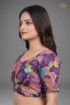 Purple Printed Viscose Blouse with Embroidered Work