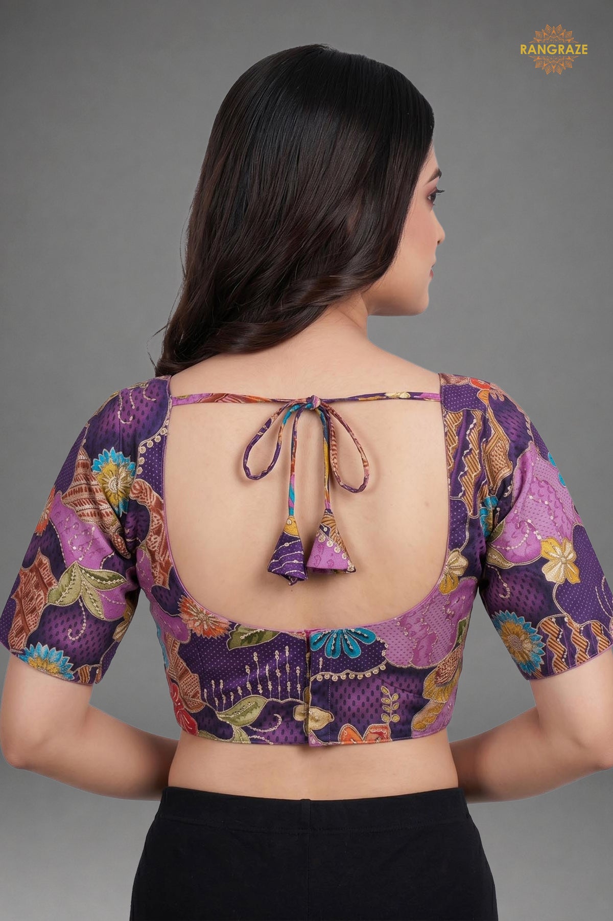 Purple Printed Viscose Blouse with Embroidered Work