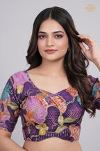 Purple Printed Viscose Blouse with Embroidered Work