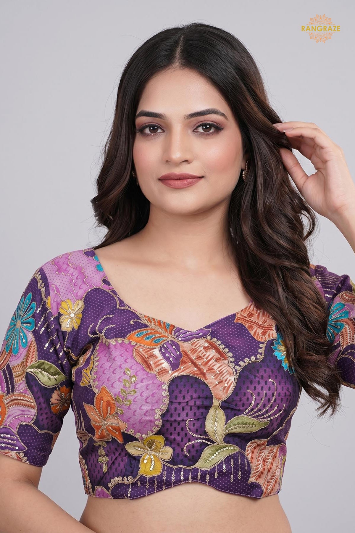 Purple Printed Viscose Blouse with Embroidered Work
