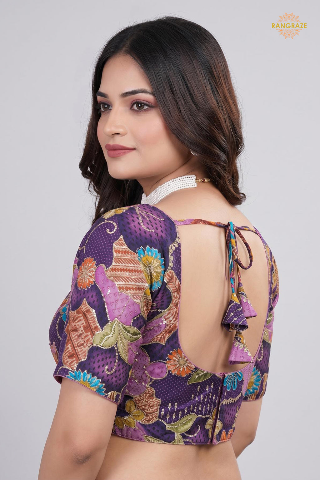 Purple Printed Viscose Blouse with Embroidered Work