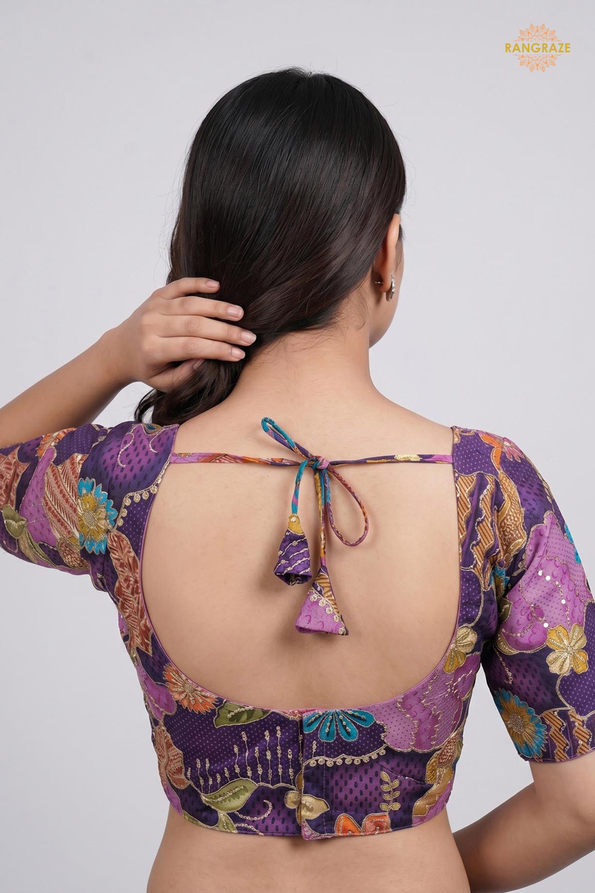 Purple Printed Viscose Blouse with Embroidered Work