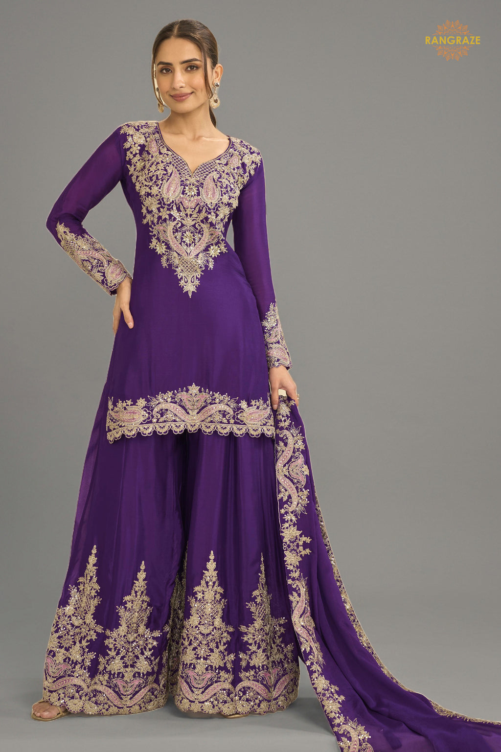 Purple Stitched Embroidered Chinon Suit