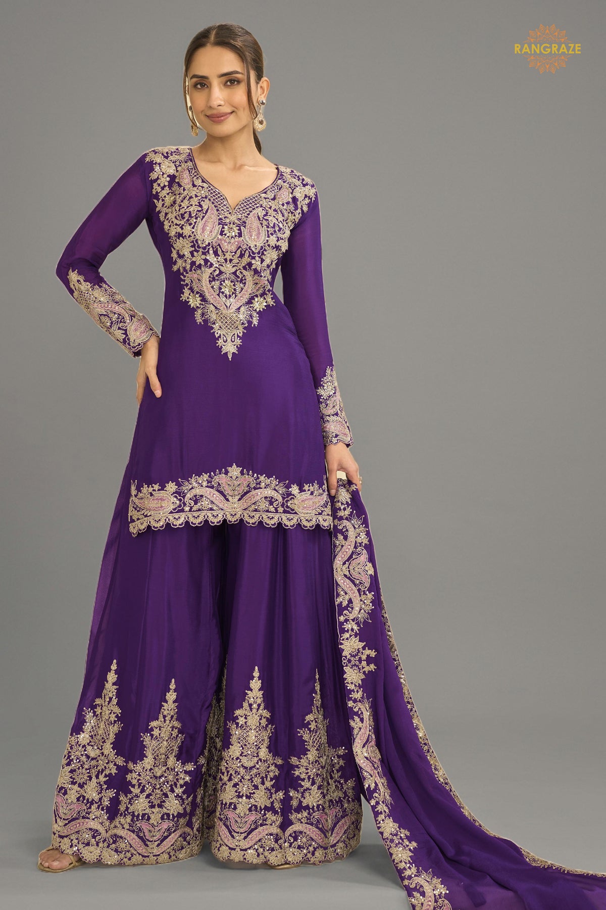 Purple Stitched Embroidered Chinon Suit