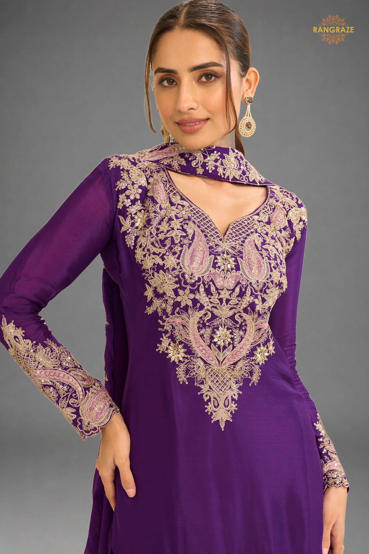 Purple Stitched Embroidered Chinon Suit