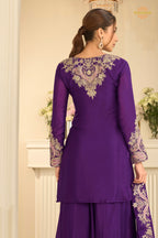 Purple Stitched Embroidered Chinon Suit
