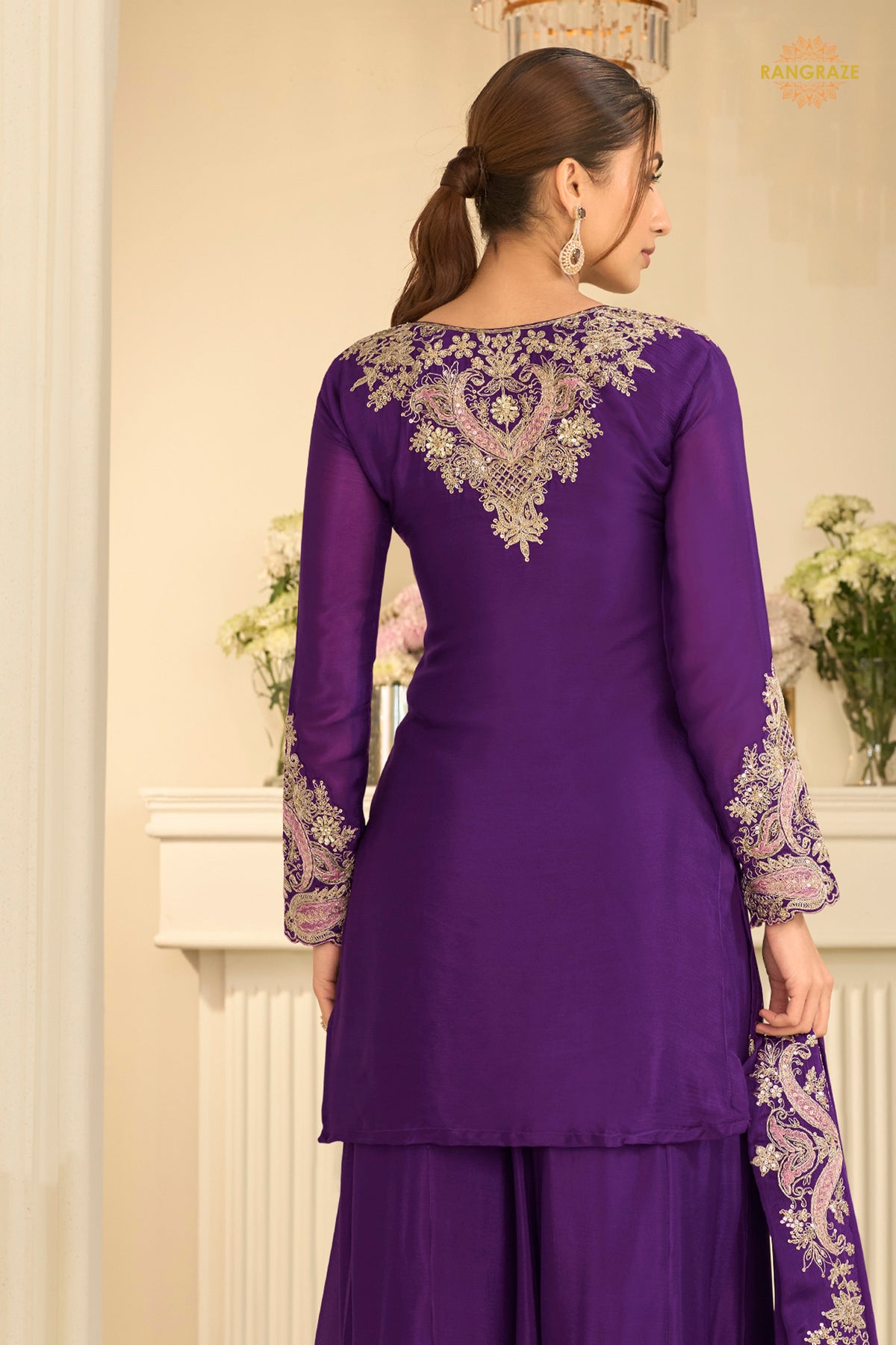 Purple Stitched Embroidered Chinon Suit