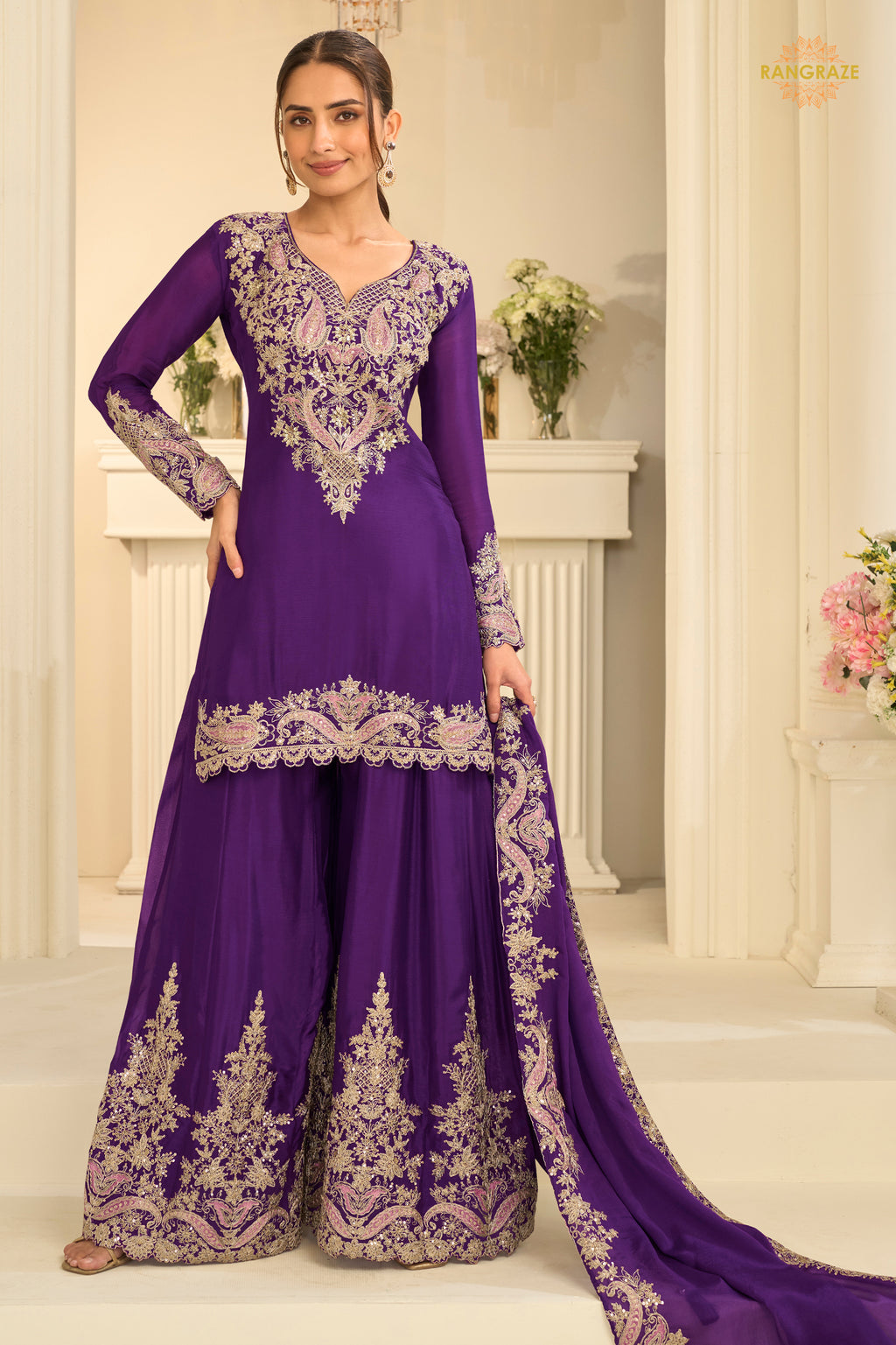 Purple Stitched Embroidered Chinon Suit