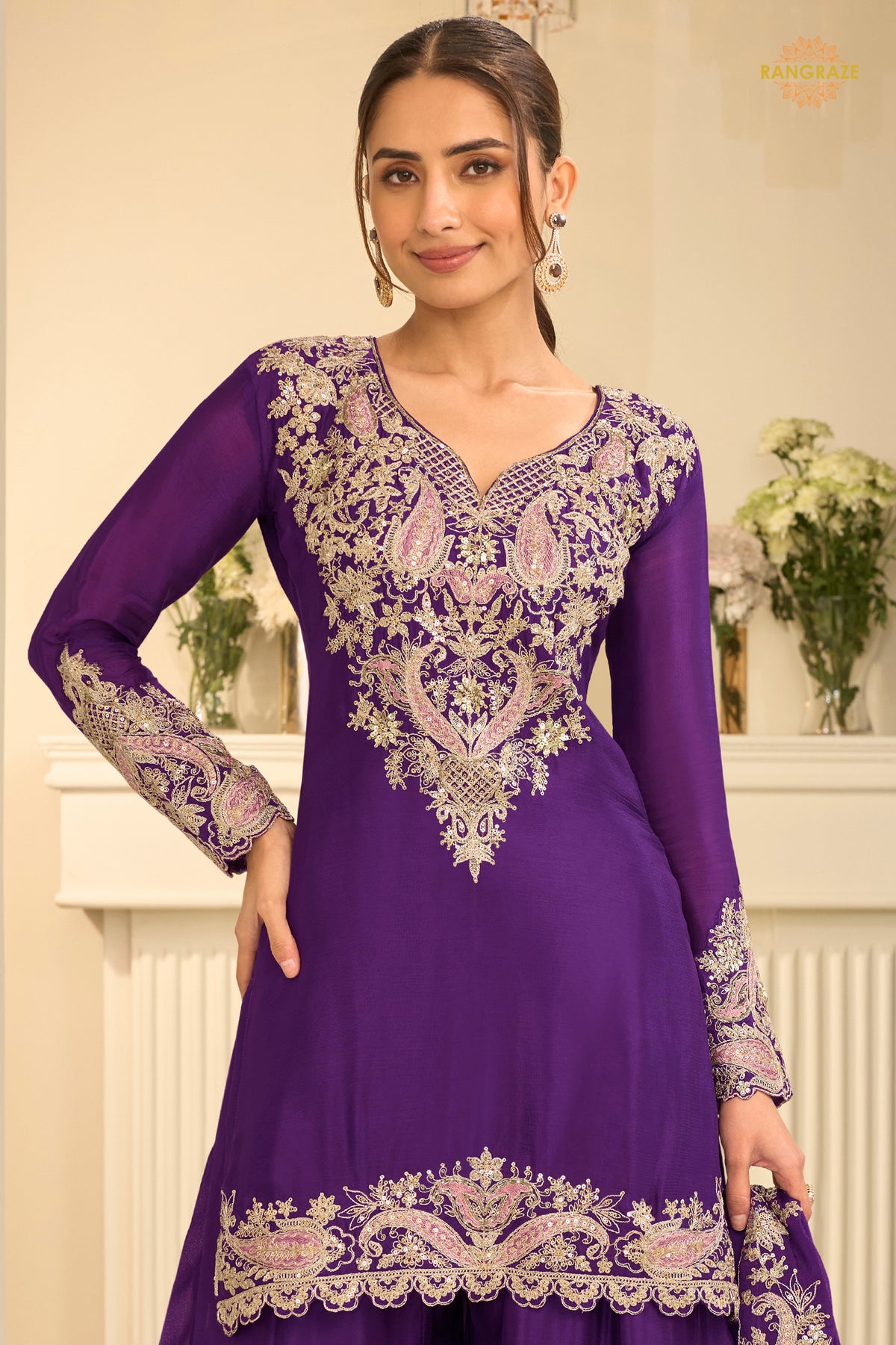 Purple Stitched Embroidered Chinon Suit