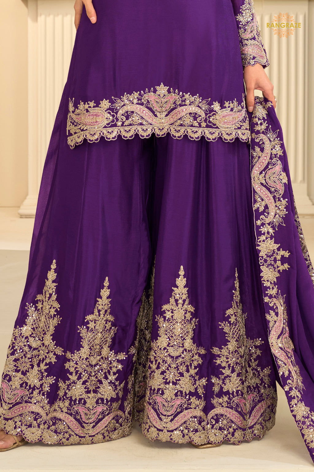 Purple Stitched Embroidered Chinon Suit