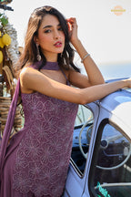Purple Stitched Bead Work Georgette Sharara Suit Set with Choker Dupatta