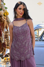 Purple Stitched Bead Work Georgette Sharara Suit Set with Choker Dupatta