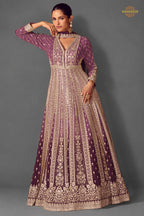 Purple Stitched Embroidered Chinon Gown with Dupatta