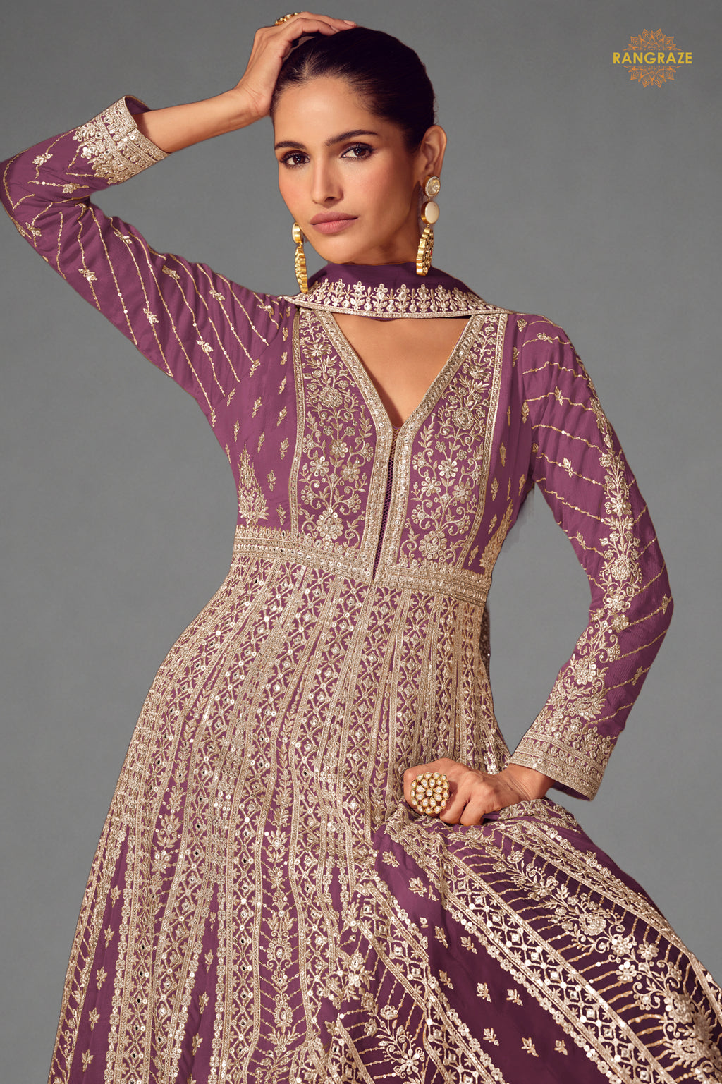 Purple Stitched Embroidered Chinon Gown with Dupatta