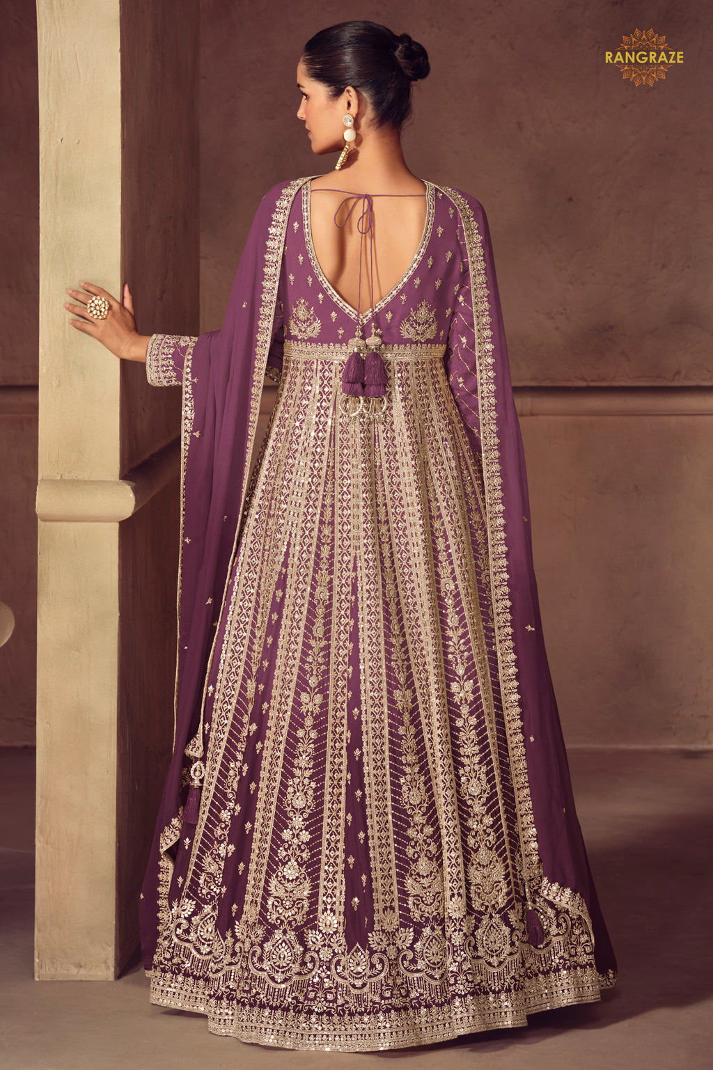 Purple Stitched Embroidered Chinon Gown with Dupatta