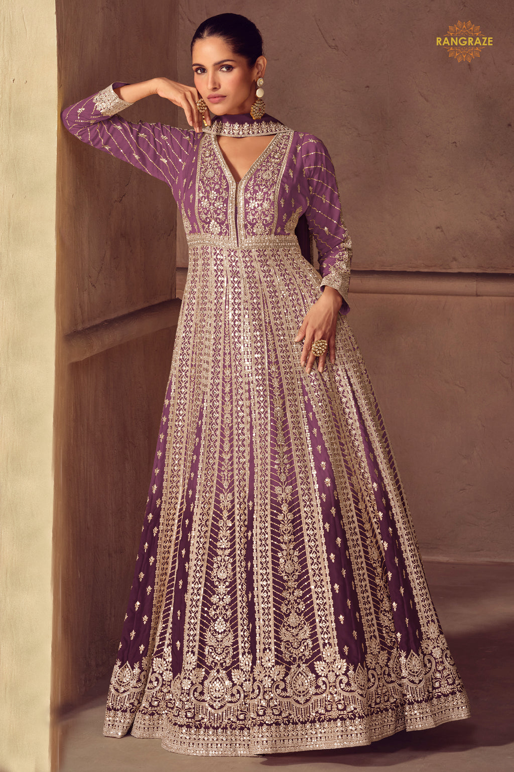 Purple Stitched Embroidered Chinon Gown with Dupatta