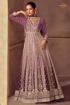 Purple Stitched Embroidered Chinon Gown with Dupatta