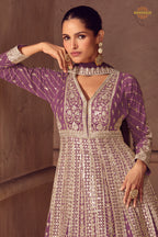 Purple Stitched Embroidered Chinon Gown with Dupatta