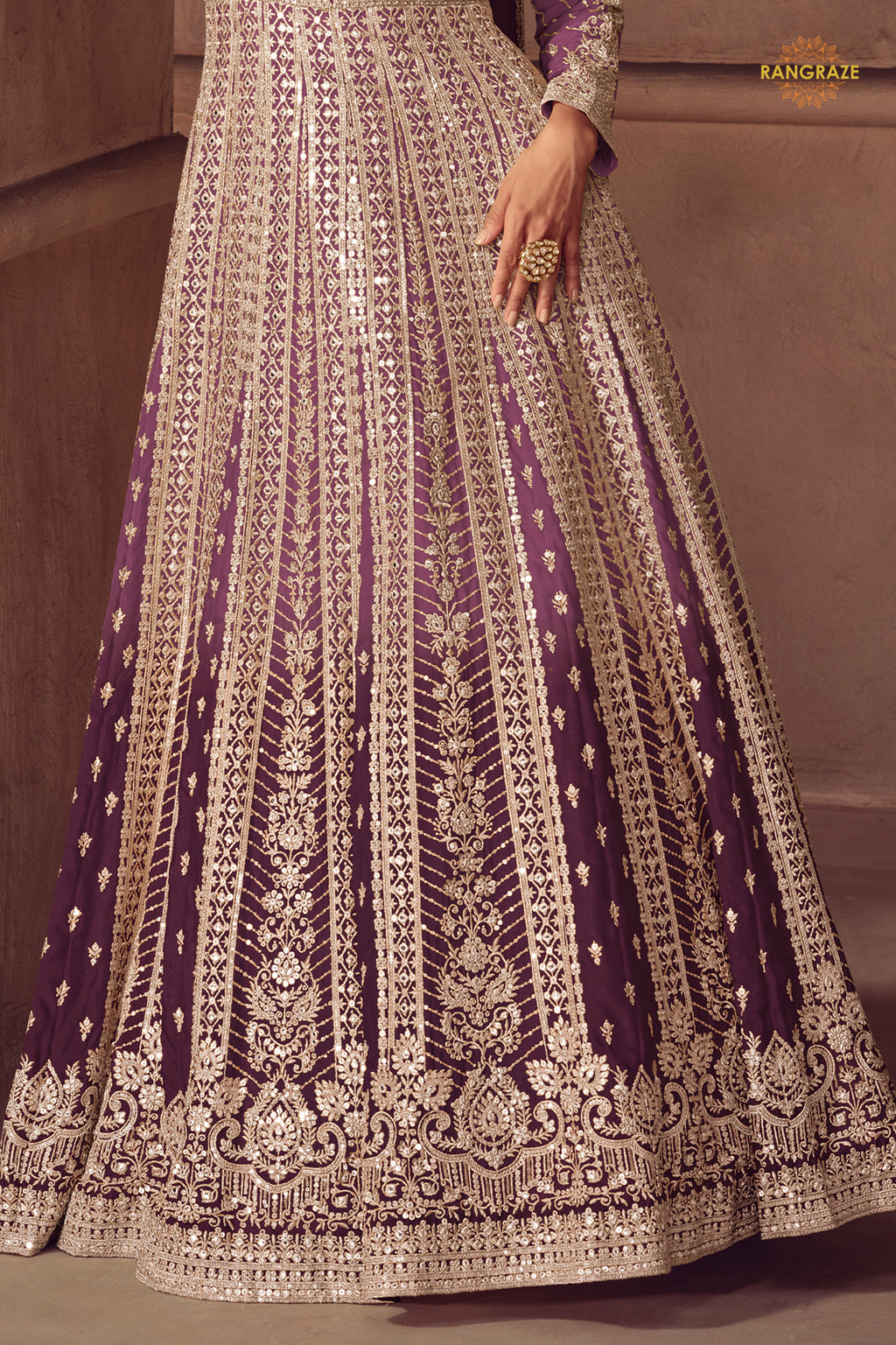 Purple Stitched Embroidered Chinon Gown with Dupatta