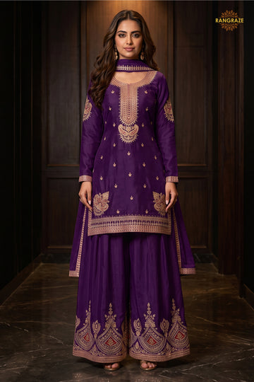 Purple Stitched Embroidered Chinon Sharara Suit
