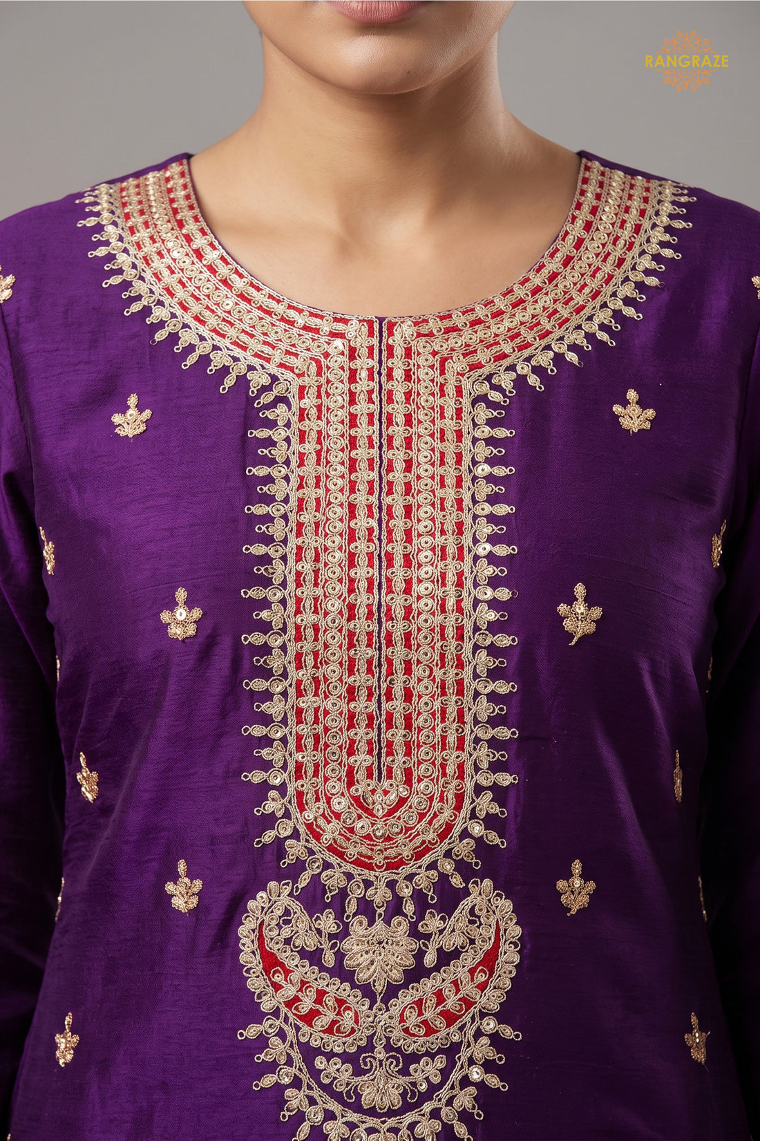 Purple Stitched Embroidered Chinon Sharara Suit