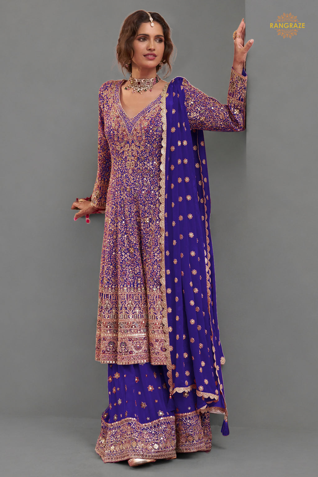 Purple Stitched Heavy Work Chinon A-line Suit