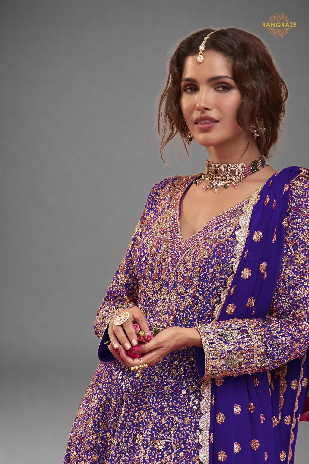 Purple Stitched Heavy Work Chinon A-line Suit