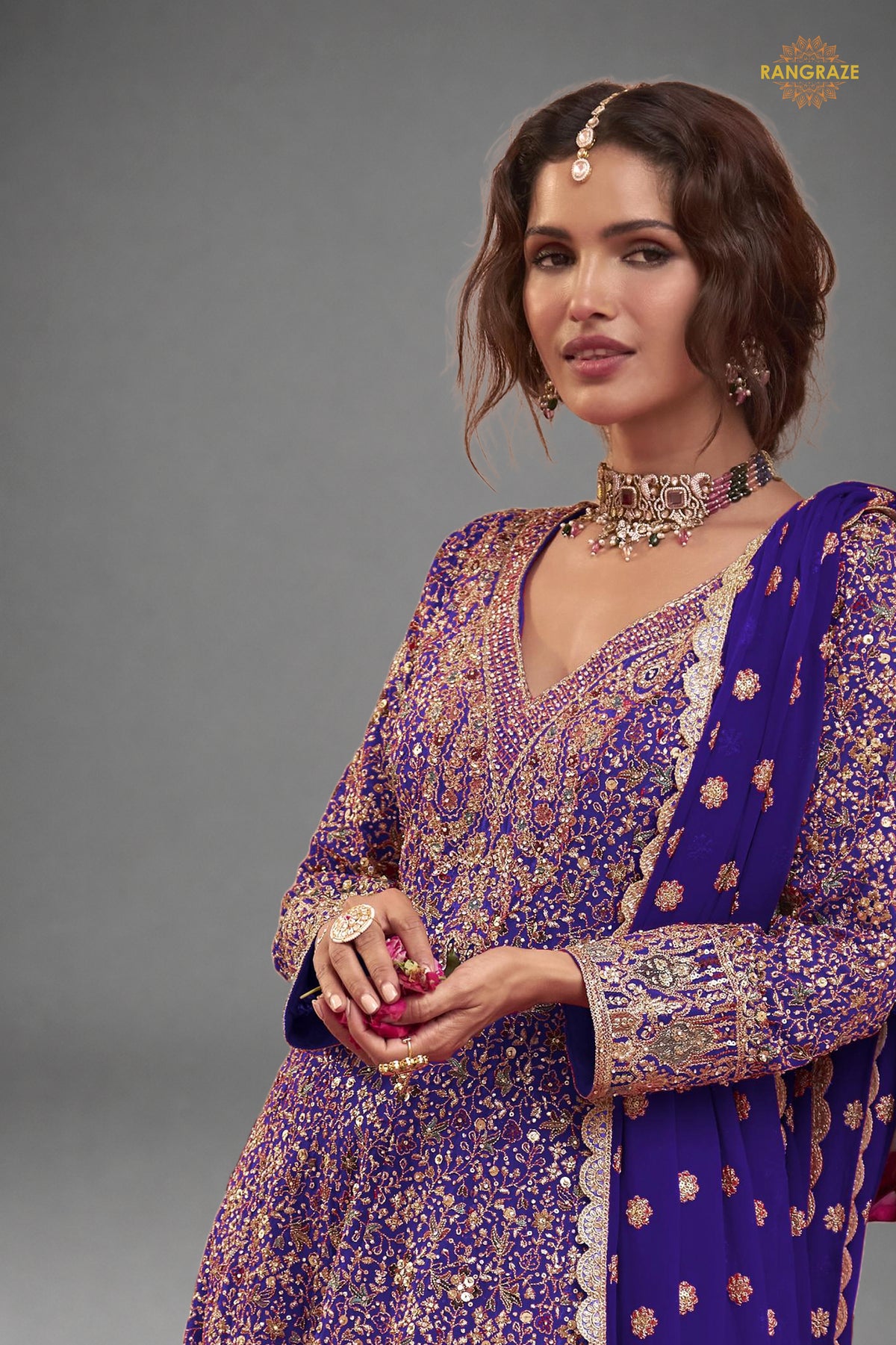 Purple Stitched Heavy Work Chinon A-line Suit