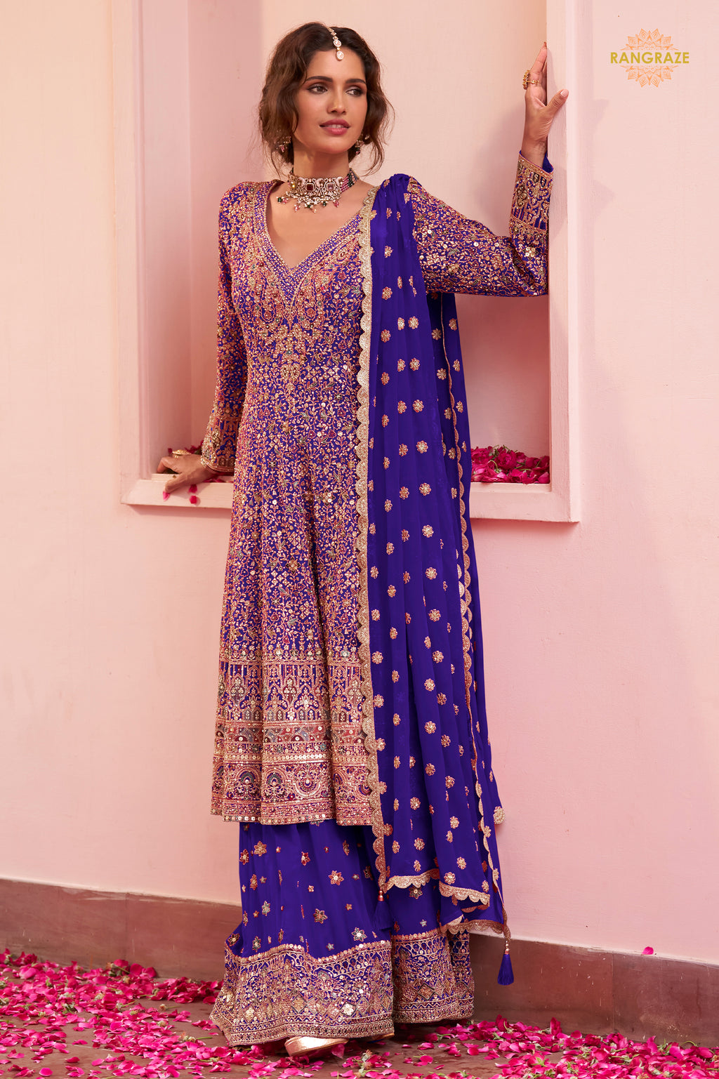 Purple Stitched Heavy Work Chinon A-line Suit