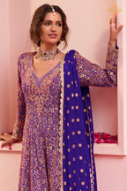 Purple Stitched Heavy Work Chinon A-line Suit