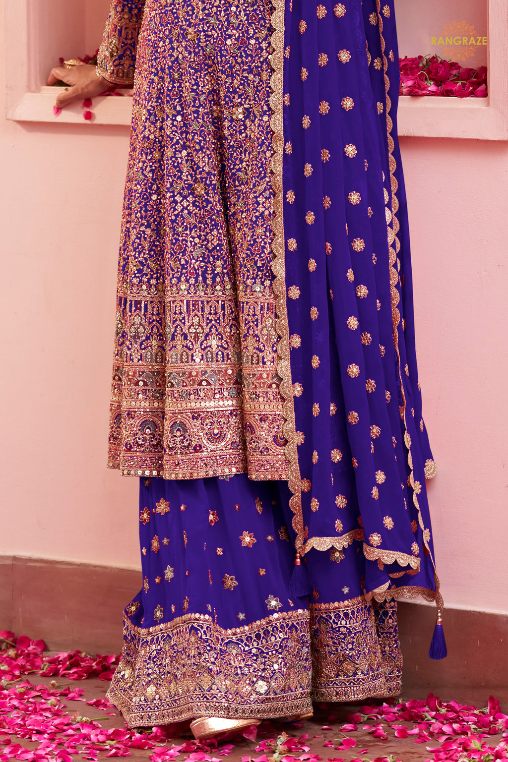Purple Stitched Heavy Work Chinon A-line Suit